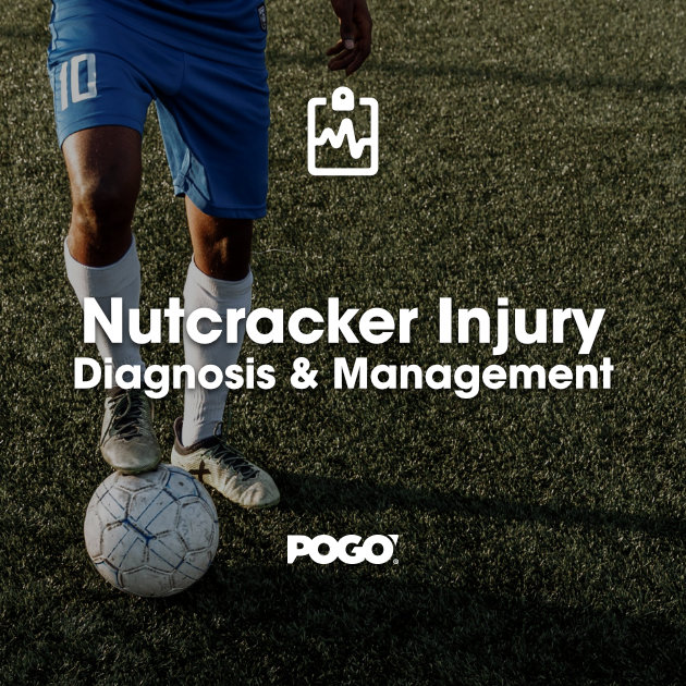 Soccer player with his foot on the ball. Text overlays saying Nutcracker Injury.